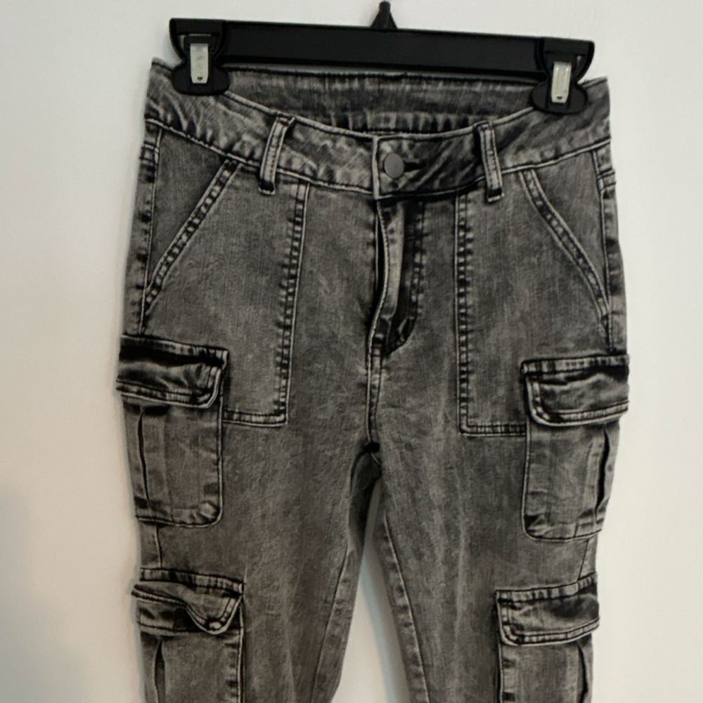 SHEIN Women's Jeans Cargo Gray Denim Acid‎ Wash Ruched Hem Zip Button Pockets